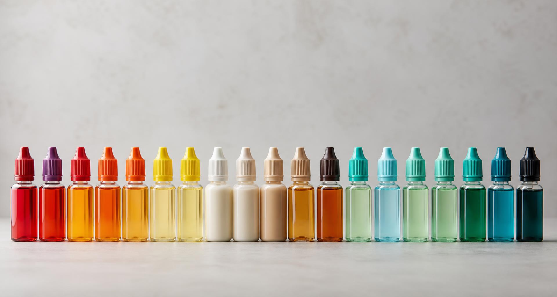 Concentrés DIY 30 ml fruités, gourmands et mentholés alignés