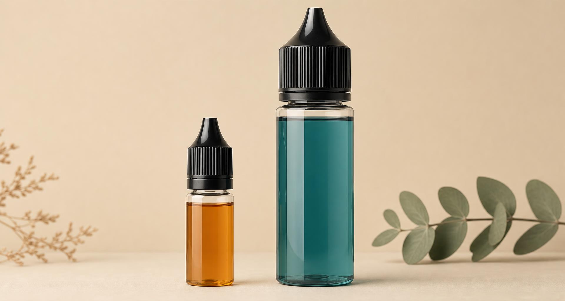 Flacon de e-liquide 10ml et flacon Shake and Vape 50ml côte à côte